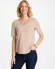 Chico's Discount Cattail Brown Striped Cotton Slub V-Neck Tee