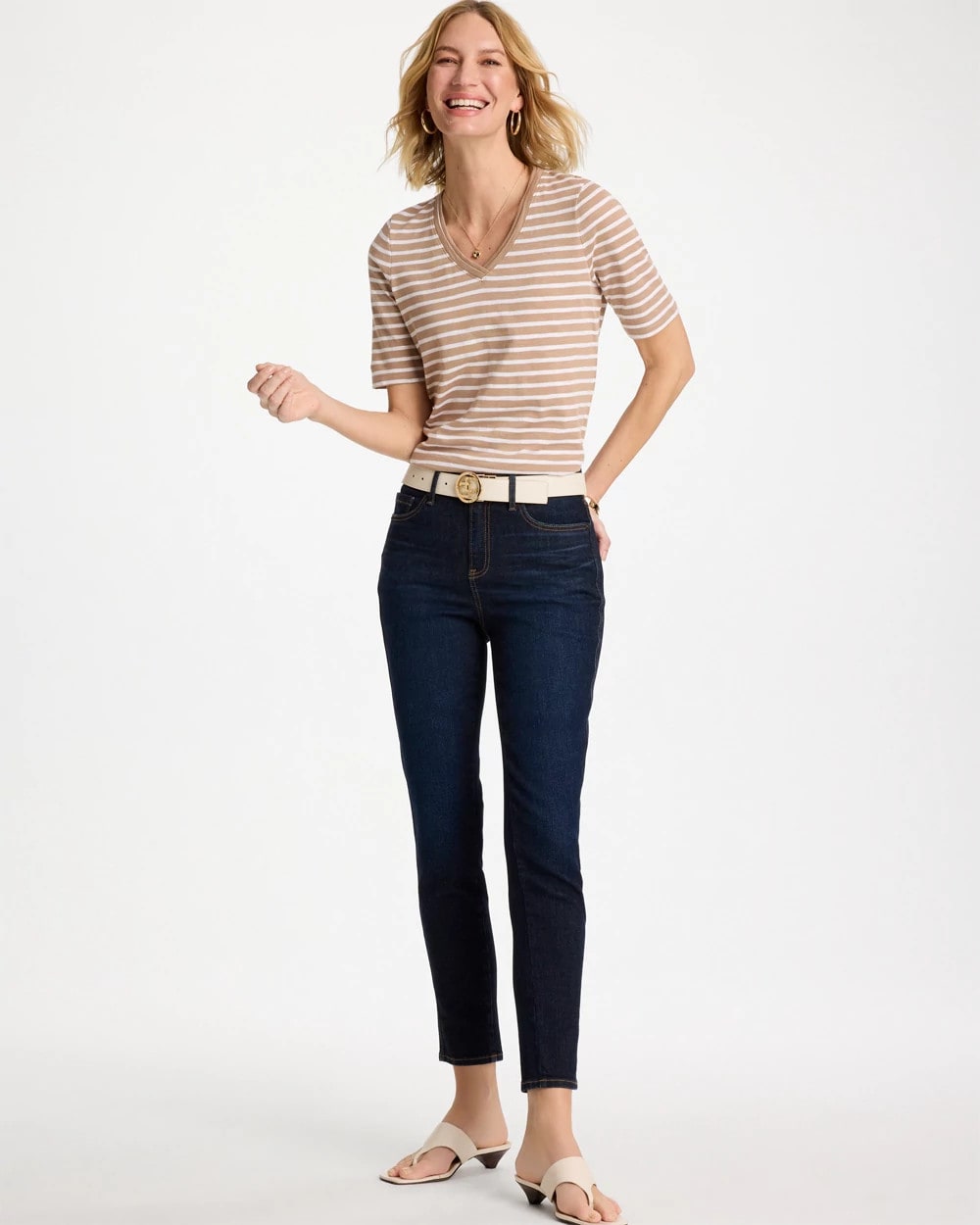 Chico's Discount Cattail Brown Striped Cotton Slub V-Neck Tee