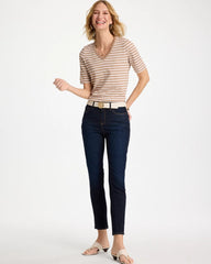 Chico's Discount Cattail Brown Striped Cotton Slub V-Neck Tee