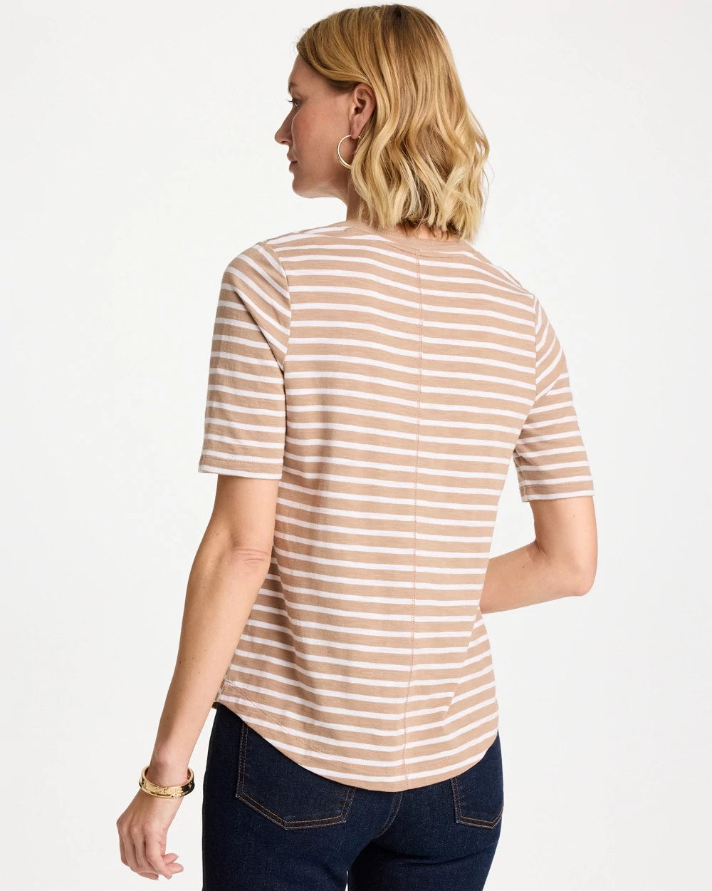 Chico's Discount Cattail Brown Striped Cotton Slub V-Neck Tee