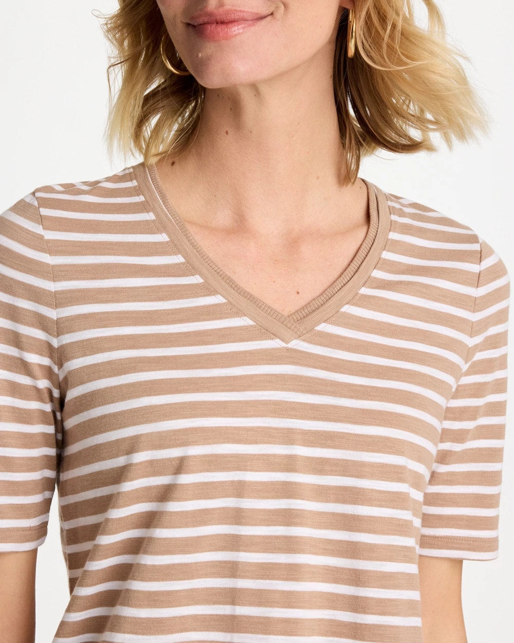 Chico's Discount Cattail Brown Striped Cotton Slub V-Neck Tee