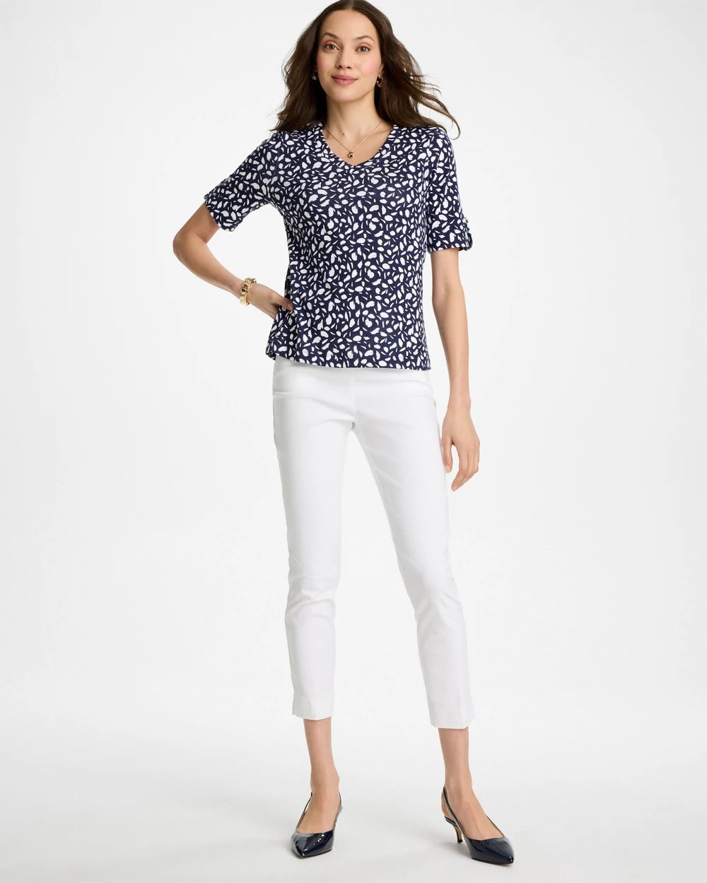 Chico's On Sale Passport Blue Printed Pima V-Neck Tee