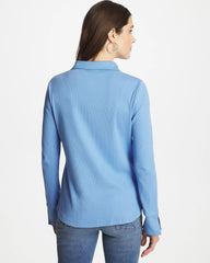 Chico's Online Tidal Blue Knit Woven Mix Rib Henley