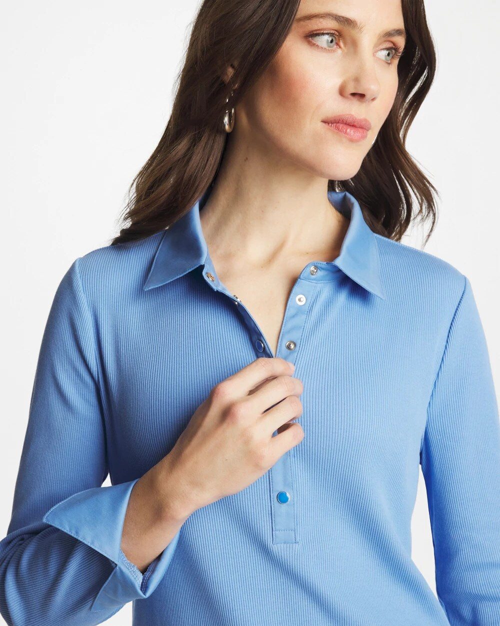Chico's Online Tidal Blue Knit Woven Mix Rib Henley