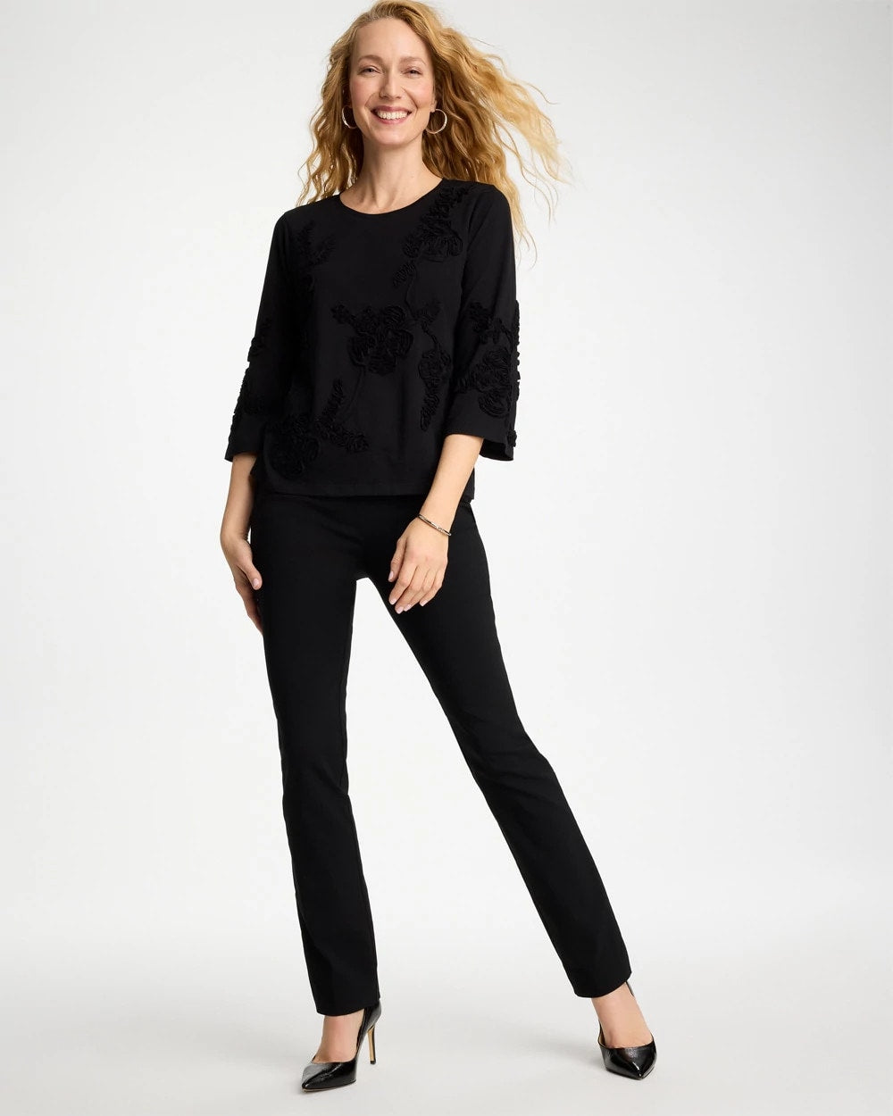 Chico's Discount Black Soutache Elbow Sleeve Tee