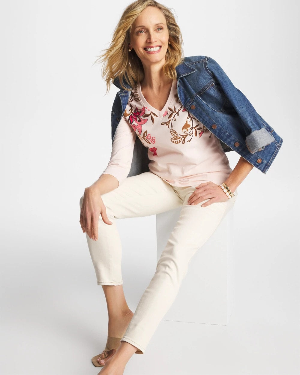 Chico's Outlet Siesta Rose Stretch-Cotton 3/4 Sleeve Perfect Tee