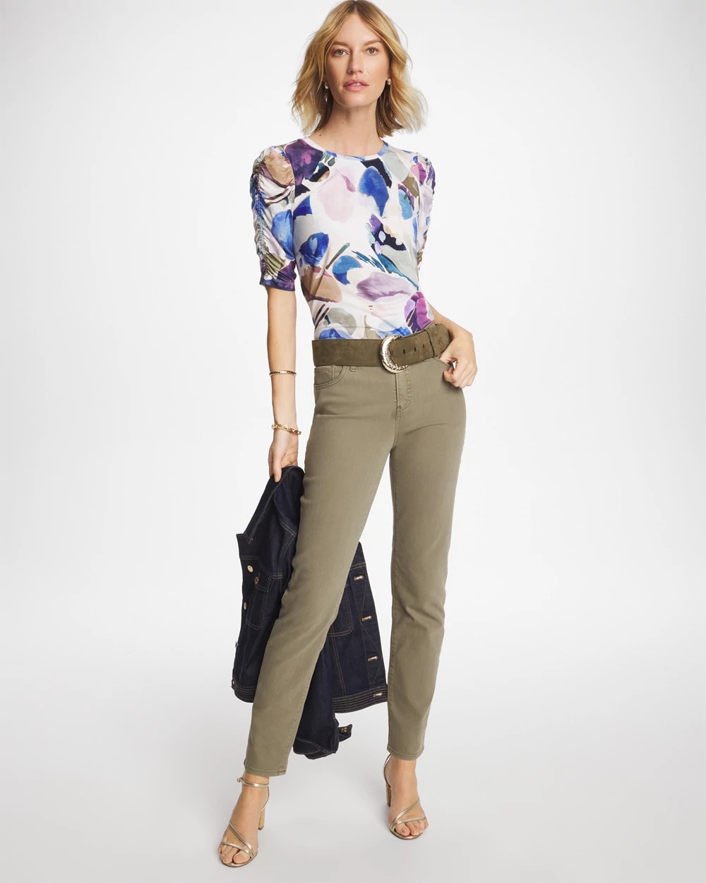 Chico's For Sale Passport Blue Geo Blur Ruched Sleeve Tee