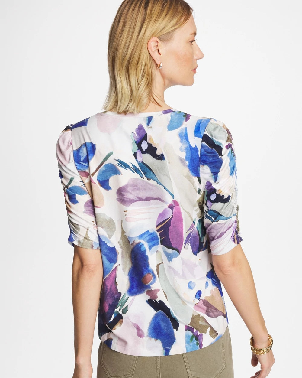 Chico's For Sale Passport Blue Geo Blur Ruched Sleeve Tee