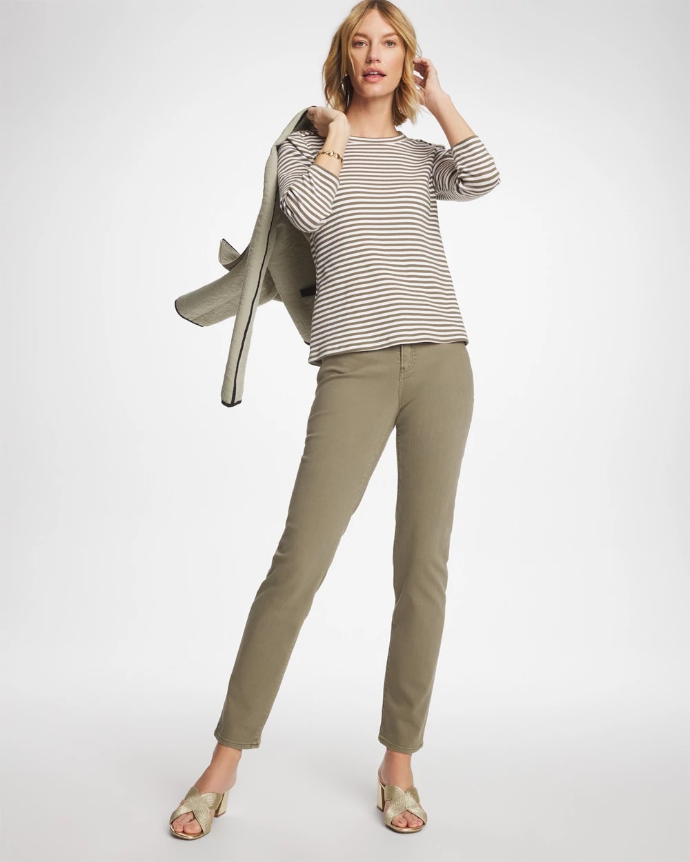 Chico's Online Lichen Striped Ribbed Button Crewneck Tee
