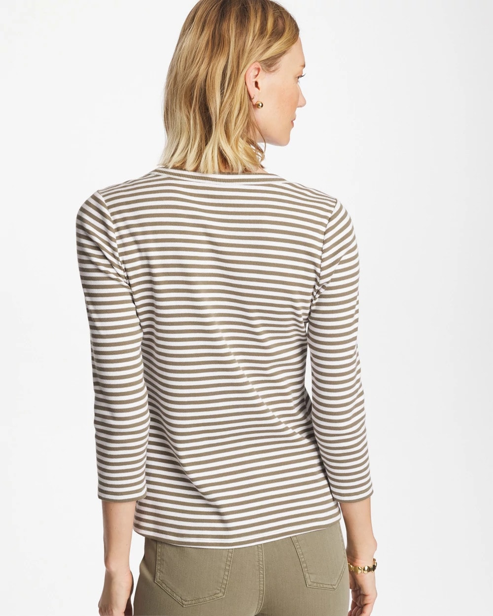 Chico's Online Lichen Striped Ribbed Button Crewneck Tee