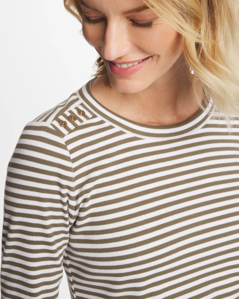 Chico's Online Lichen Striped Ribbed Button Crewneck Tee