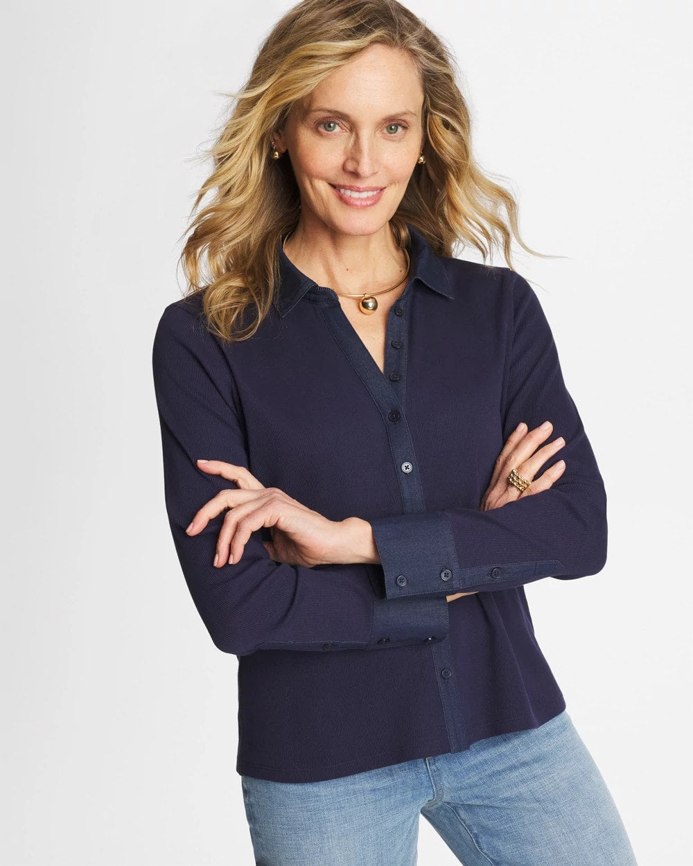 Chico's Discount Passport Blue Collared Rib Mix Henley
