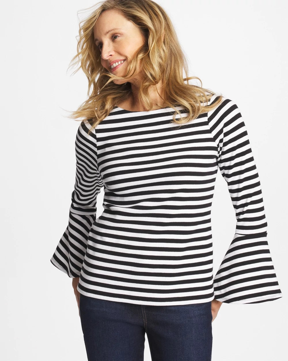Chico's On Sale Black Striped Rib Knit Bell Sleeve Top