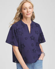 Chico's Discount Passport Blue Embroidered Star Split Neck Blouse