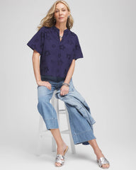 Chico's Discount Passport Blue Embroidered Star Split Neck Blouse