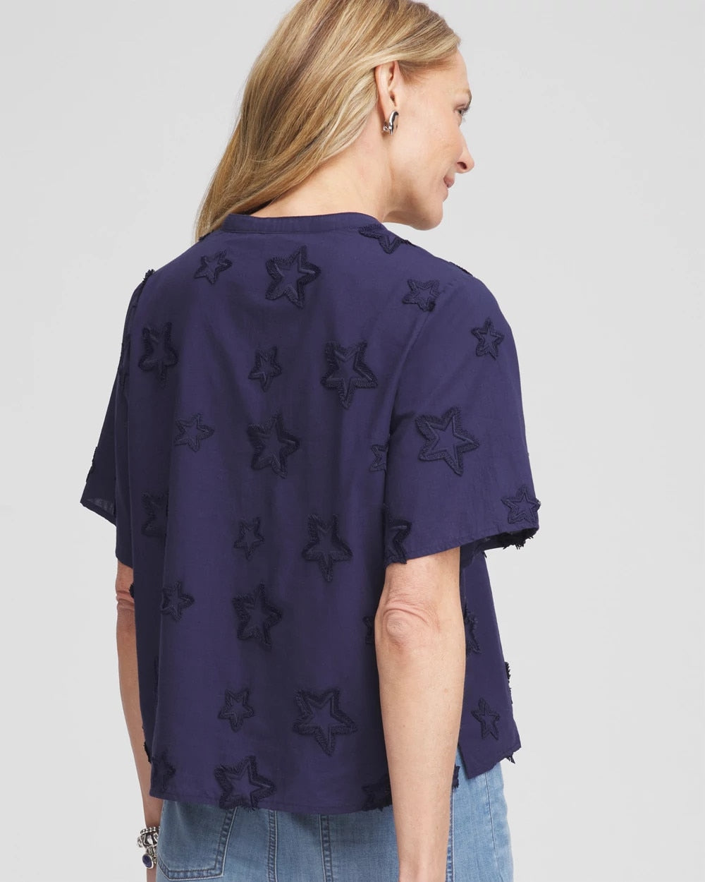 Chico's Discount Passport Blue Embroidered Star Split Neck Blouse