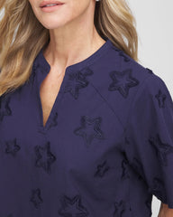 Chico's Discount Passport Blue Embroidered Star Split Neck Blouse