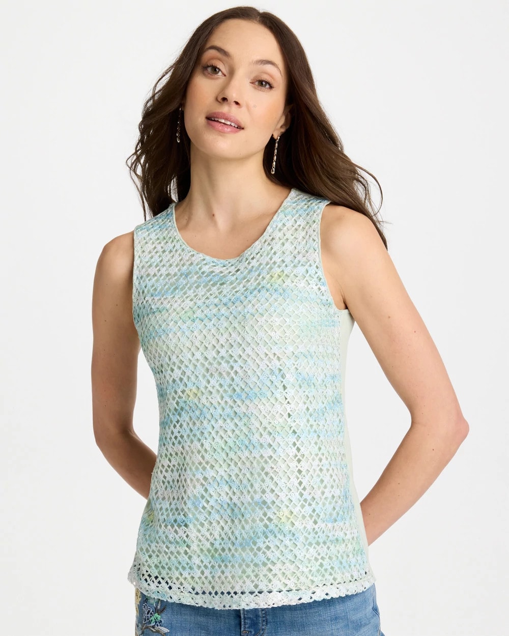 Chico's Outlet Blue Orchid Mermaid Sequin Mesh Crochet Tank