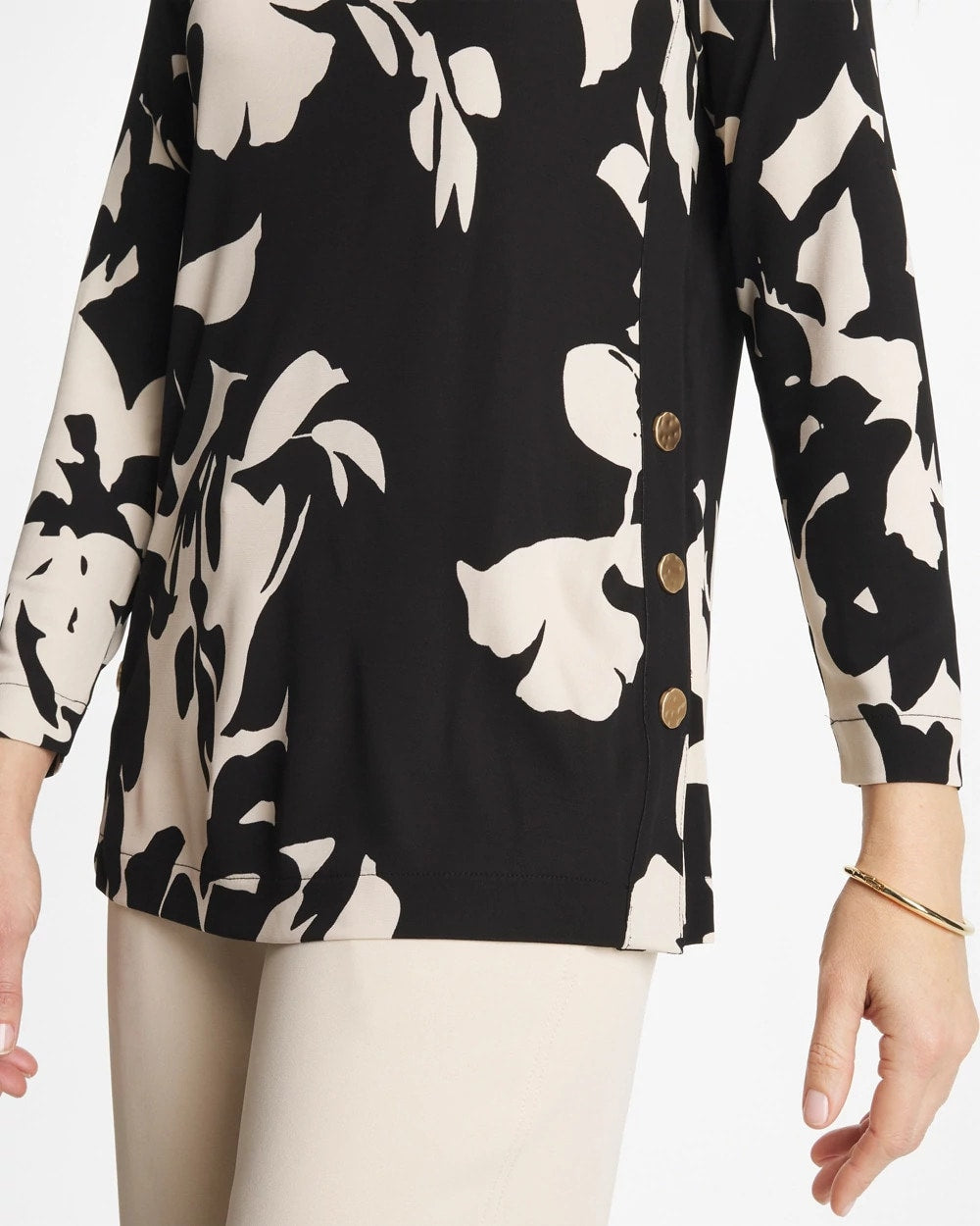 Chico's For Sale Black Blossom Matte Jersey Button Tunic