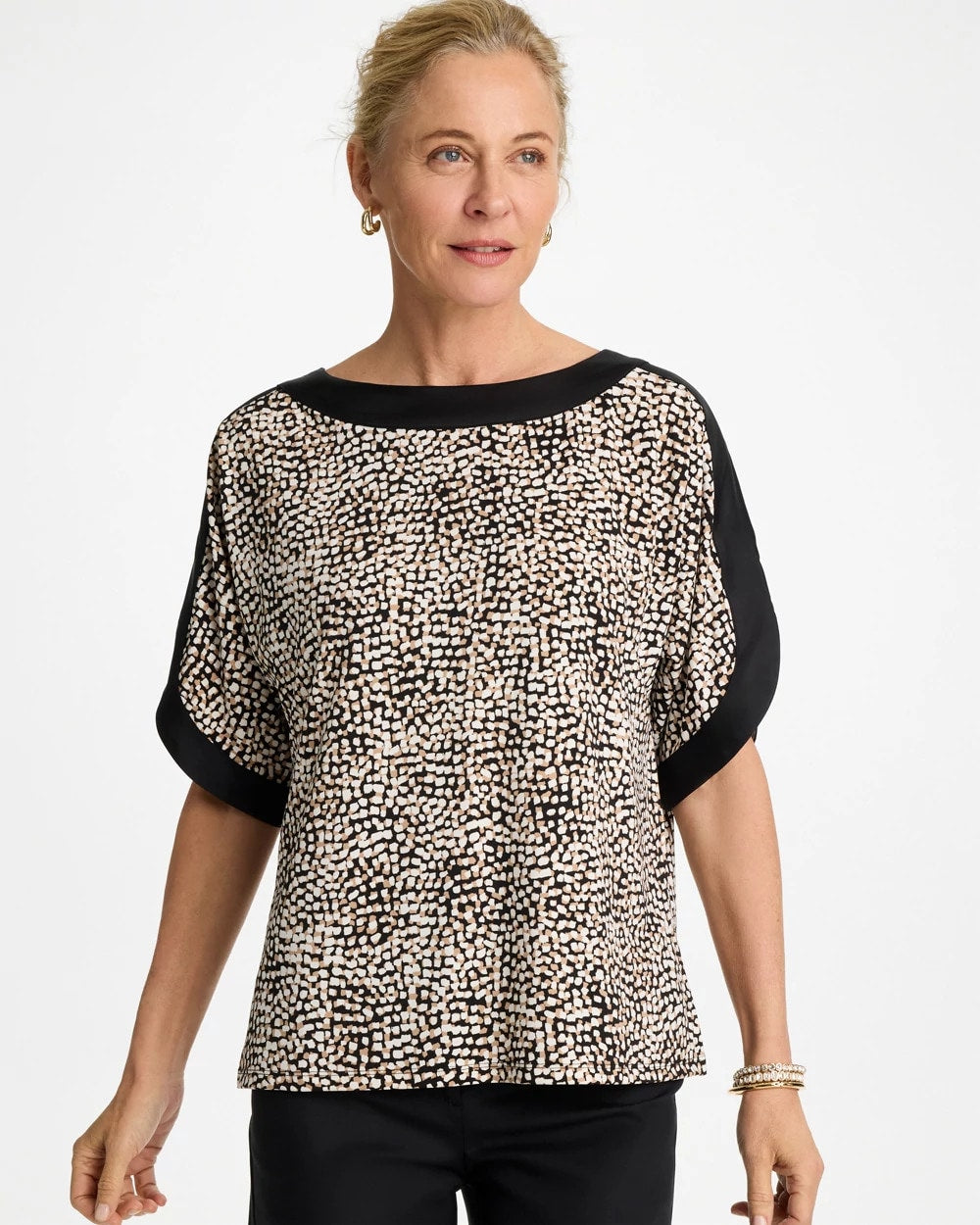 Chico's Online Cattail Brown Printed Jersey & Satin Dolman Tee