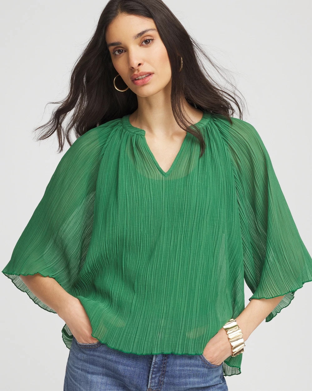 Chico's Sale Jardin Green Textured Pleated Chiffon Blouse