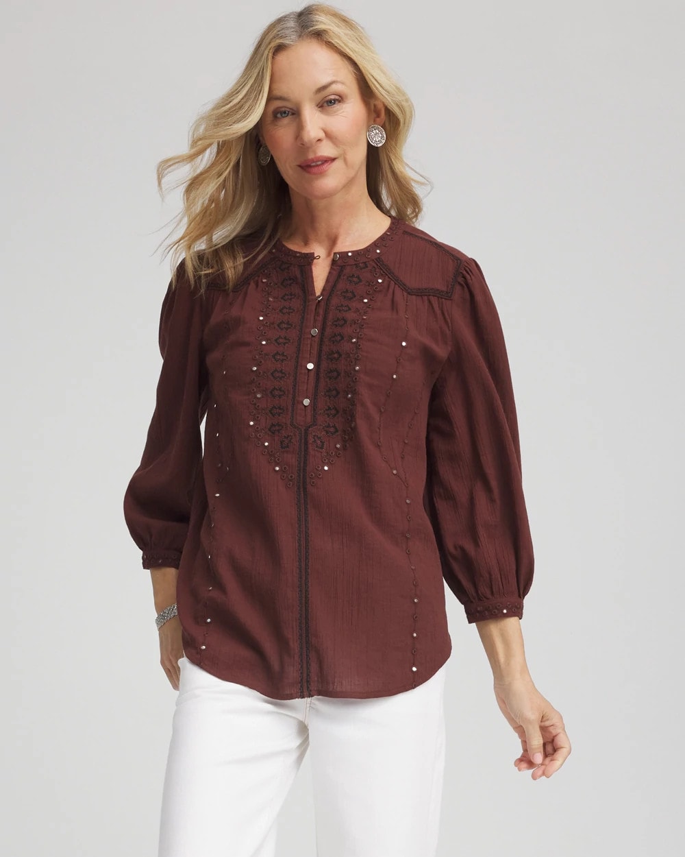 Chico's Online Cacao Embroidered Crinkle-Cotton Blouse