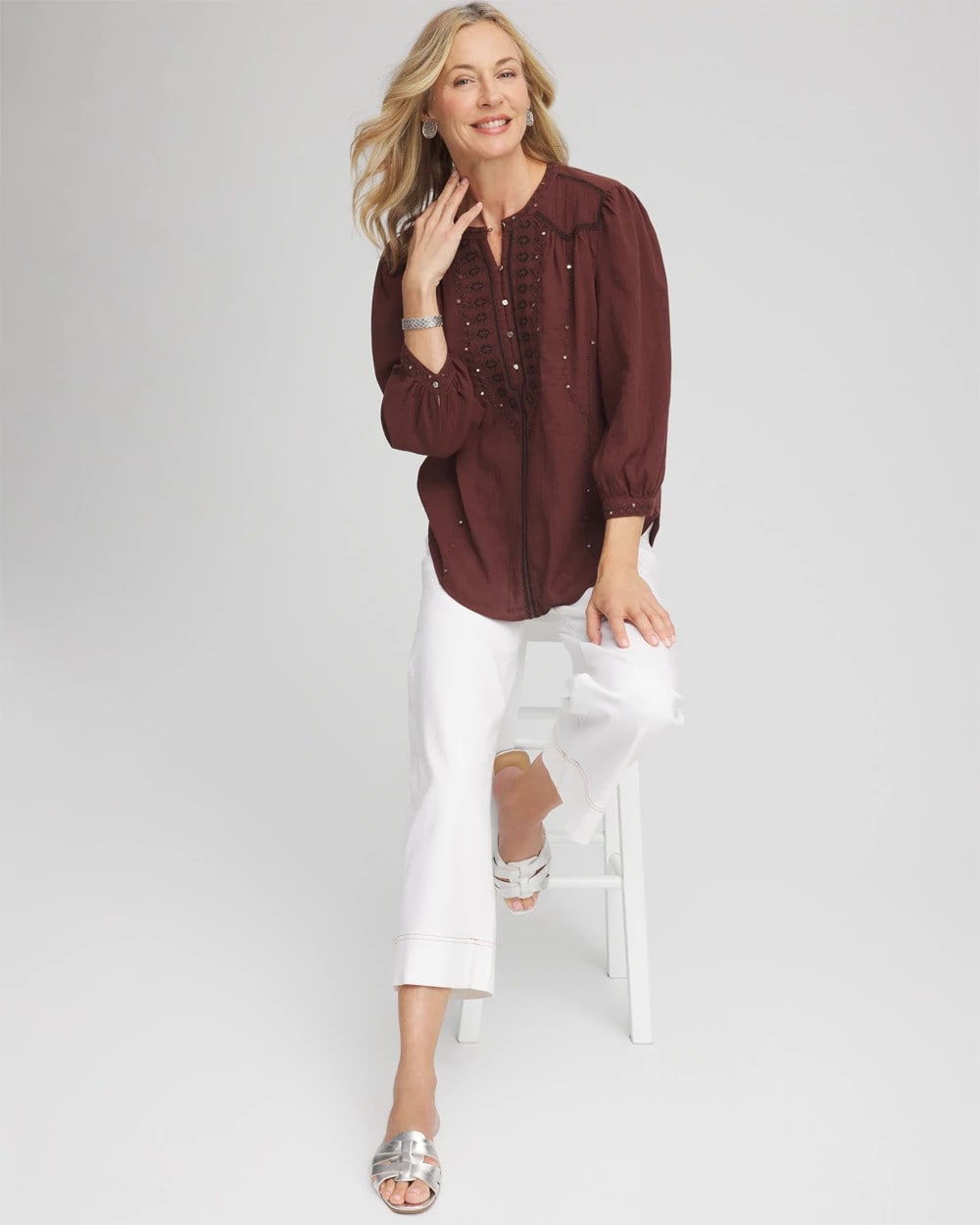 Chico's Online Cacao Embroidered Crinkle-Cotton Blouse