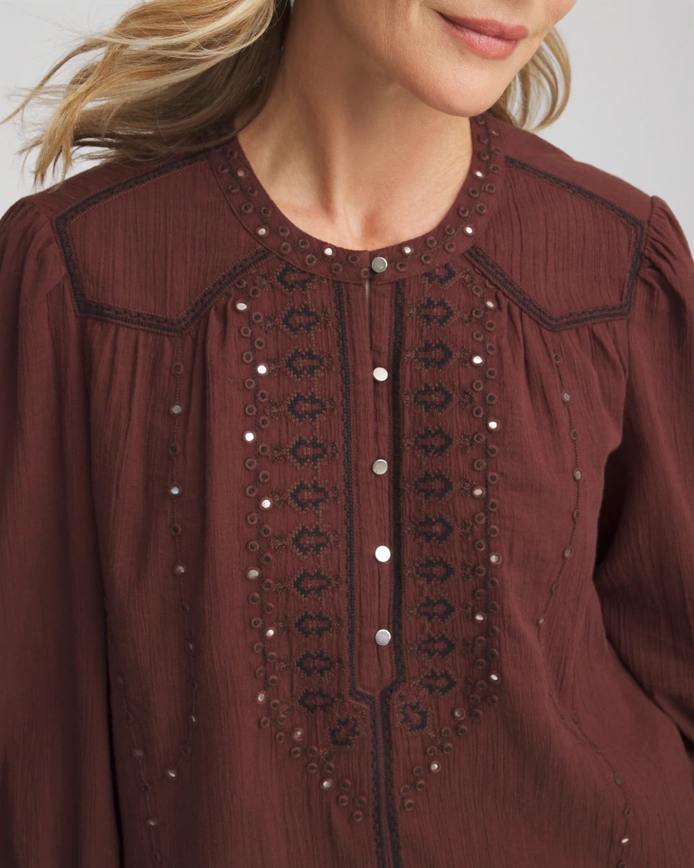 Chico's Online Cacao Embroidered Crinkle-Cotton Blouse