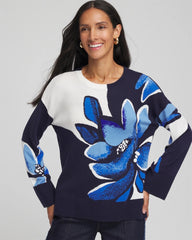 Chico's Outlet Tidal Blue Floral Intarsia Crewneck Pullover