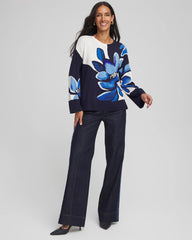 Chico's Outlet Tidal Blue Floral Intarsia Crewneck Pullover