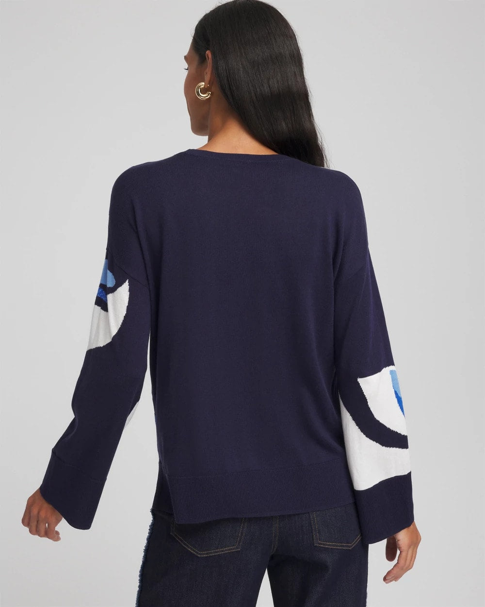 Chico's Outlet Tidal Blue Floral Intarsia Crewneck Pullover