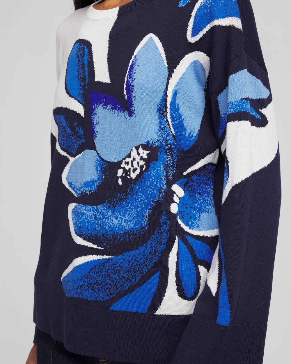 Chico's Outlet Tidal Blue Floral Intarsia Crewneck Pullover
