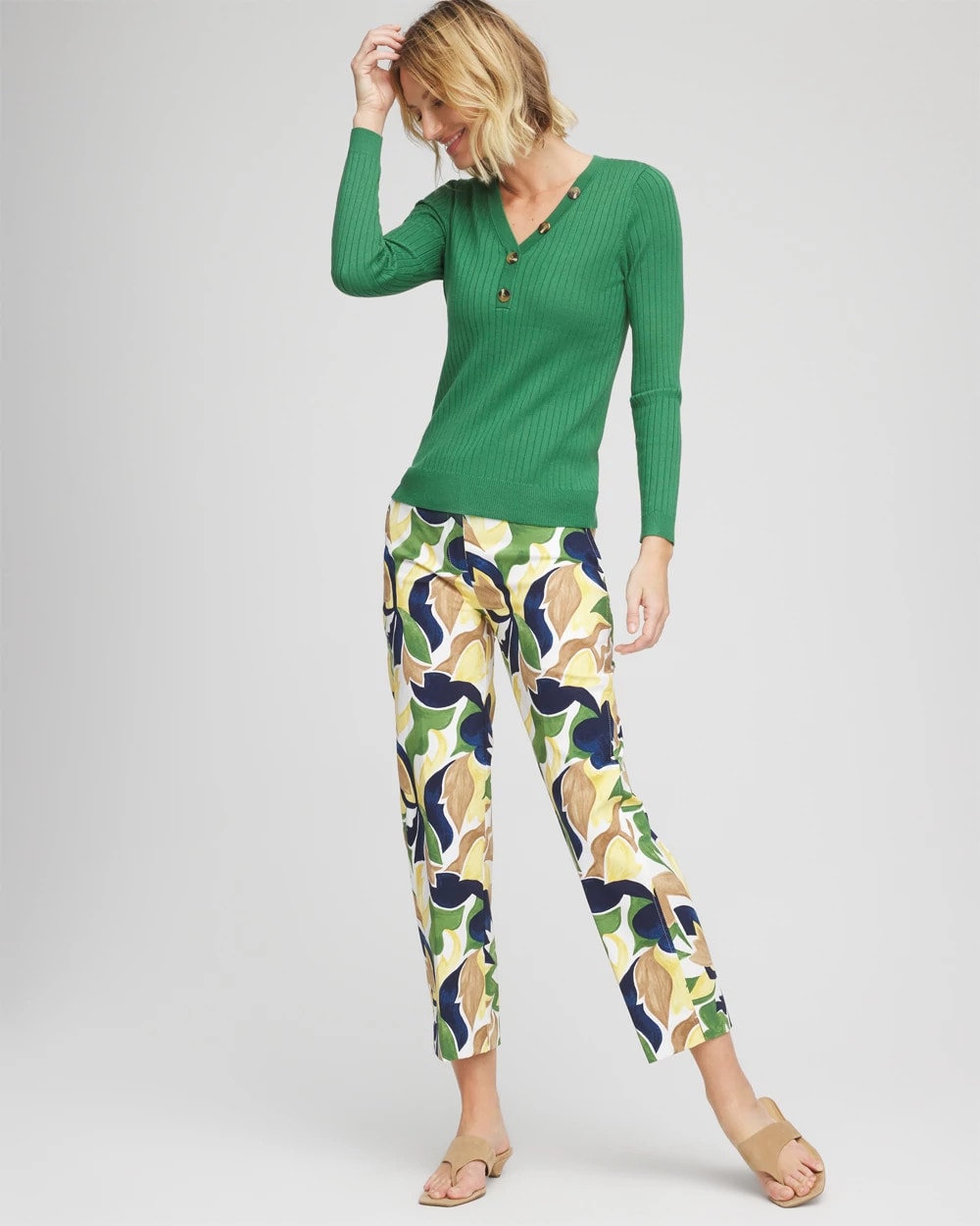 Chico's Discount Jardin Green Ribbed Button Henley Sweater