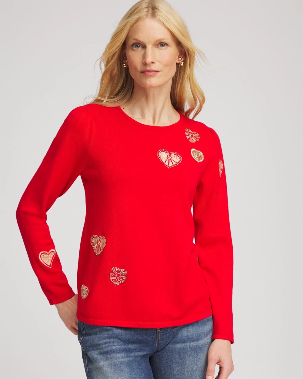 Chico's Outlet Love Letter Red V-Day Embroidered Heart Pullover