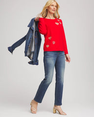 Chico's Outlet Love Letter Red V-Day Embroidered Heart Pullover