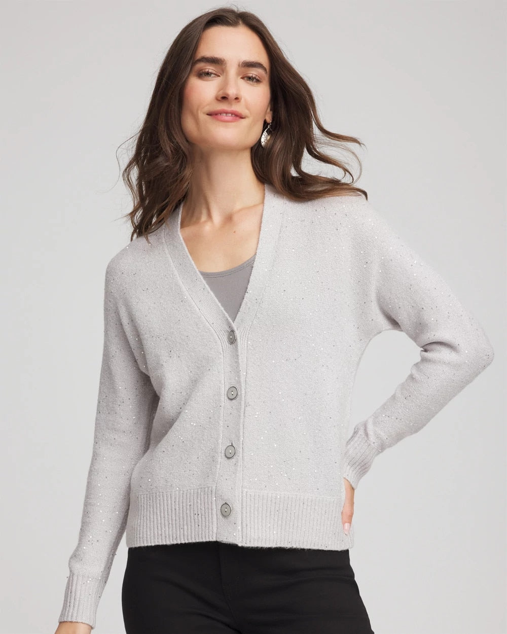 Chico's On Sale Dove Gray Shine Boyfriend Cardigan