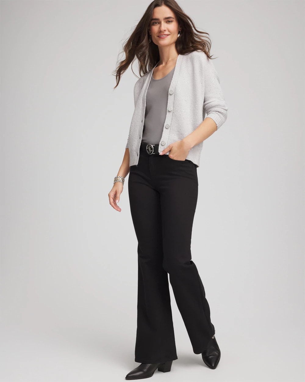 Chico's On Sale Dove Gray Shine Boyfriend Cardigan