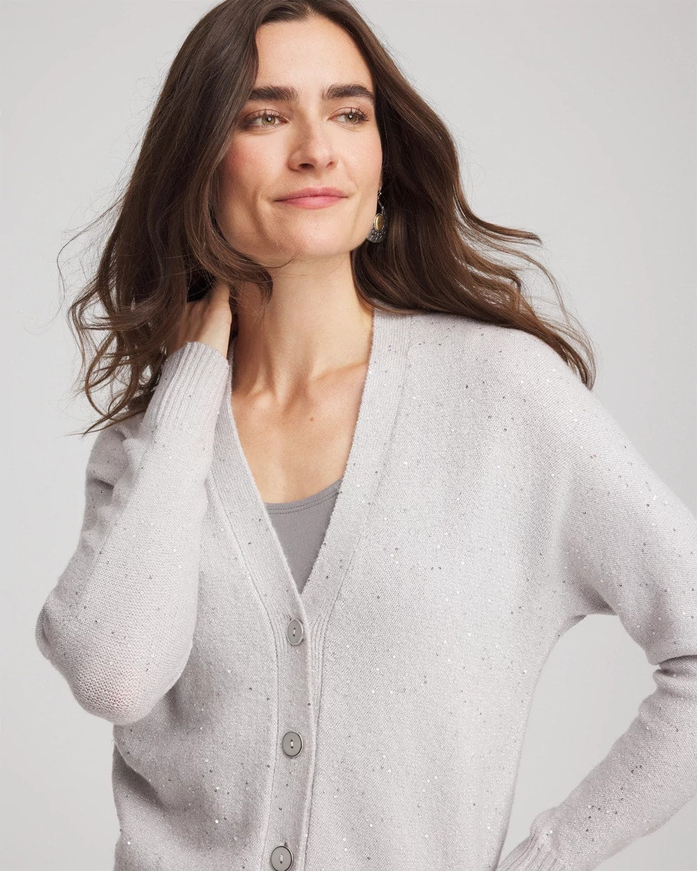 Chico's On Sale Dove Gray Shine Boyfriend Cardigan