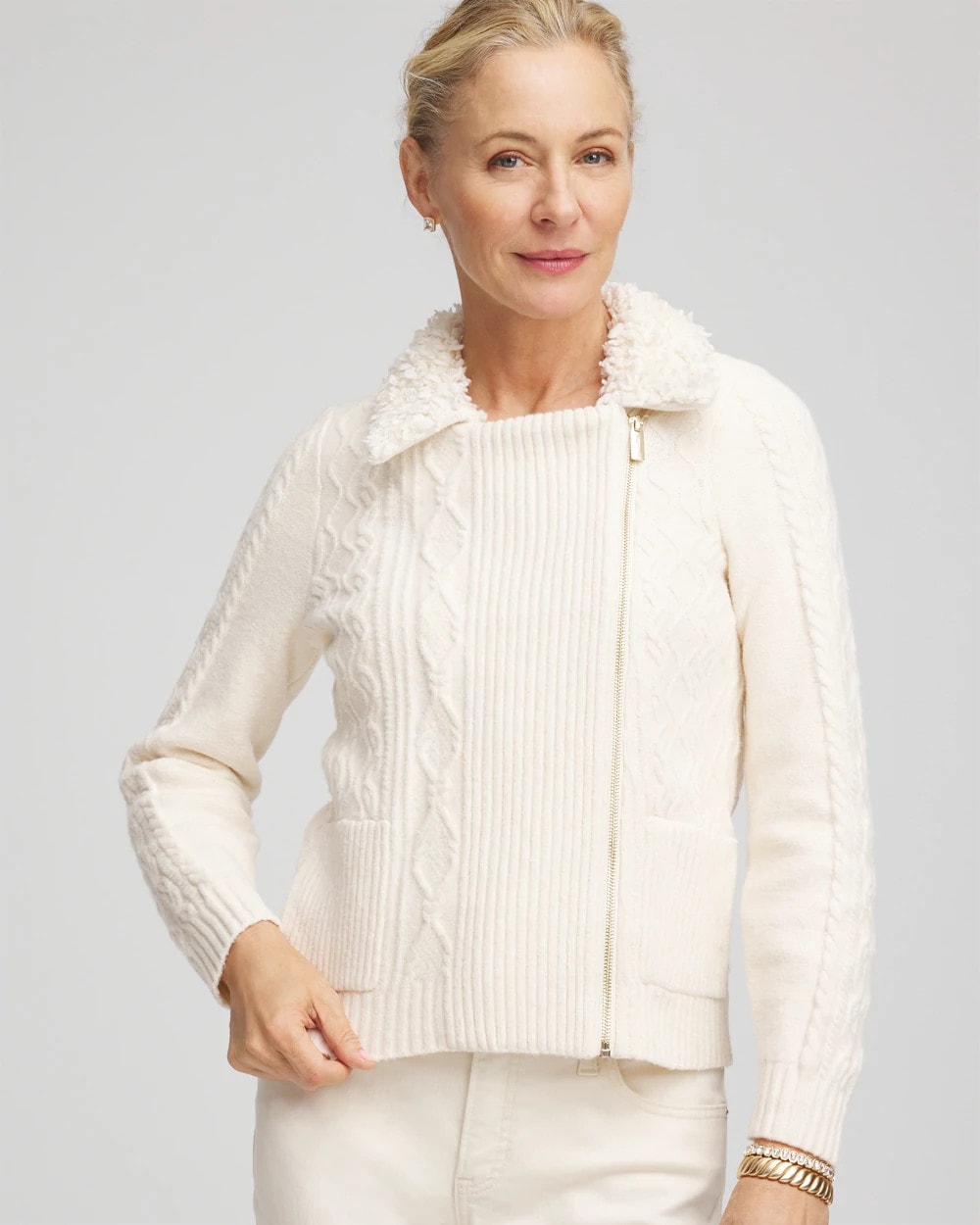 Chico's For Sale English Cream Fur Trim Moto Cardigan