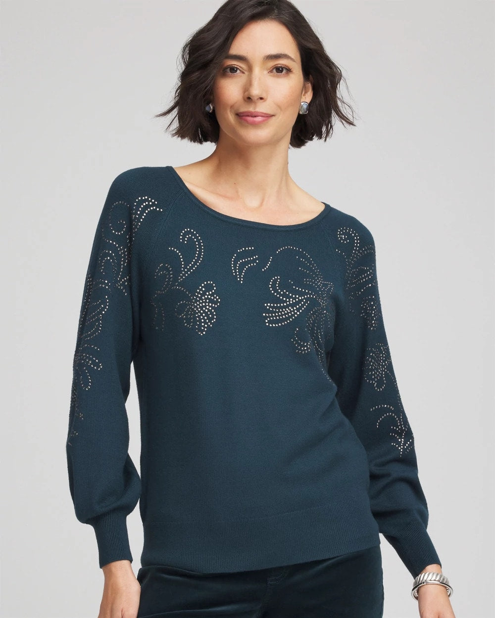 Chico's Online Teal Shadow Heatset Embroidered Pullover