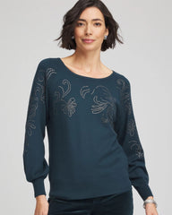 Chico's Online Teal Shadow Heatset Embroidered Pullover
