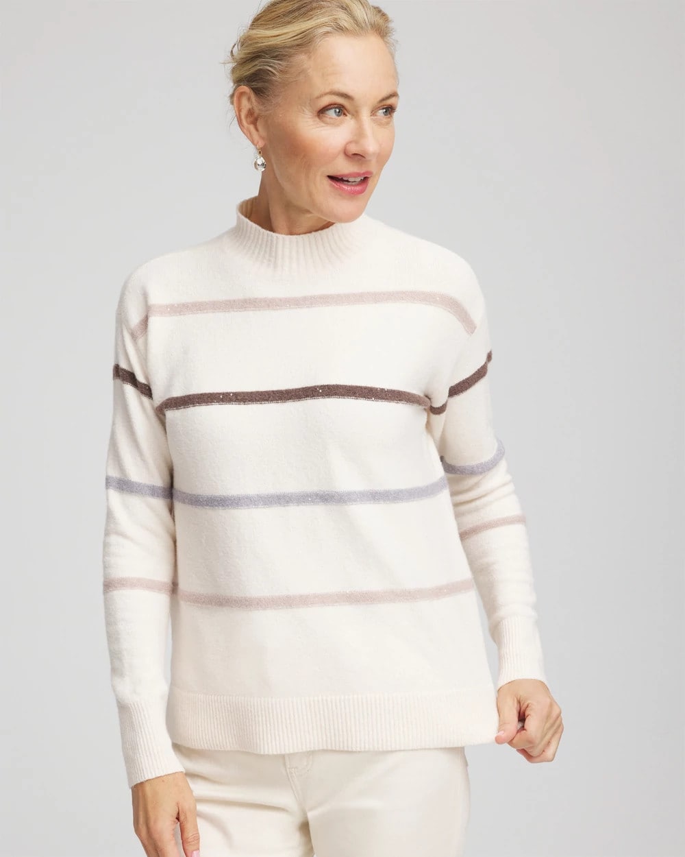 Chico's Sale English Cream Sequined Stripe Pullover Sweater