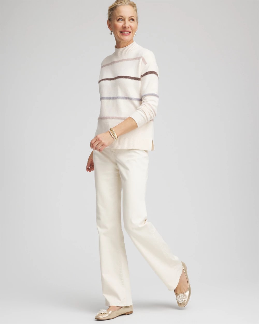 Chico's Sale English Cream Sequined Stripe Pullover Sweater