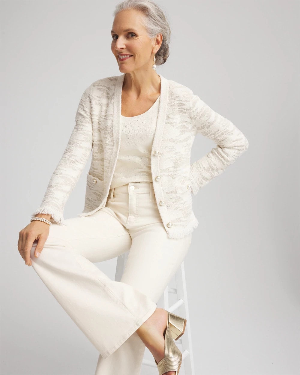 Chico's For Sale English Cream Fringe Textured V-Neck Cardigan
