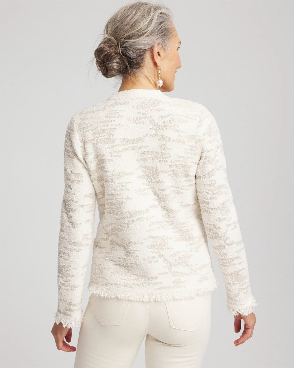 Chico's For Sale English Cream Fringe Textured V-Neck Cardigan