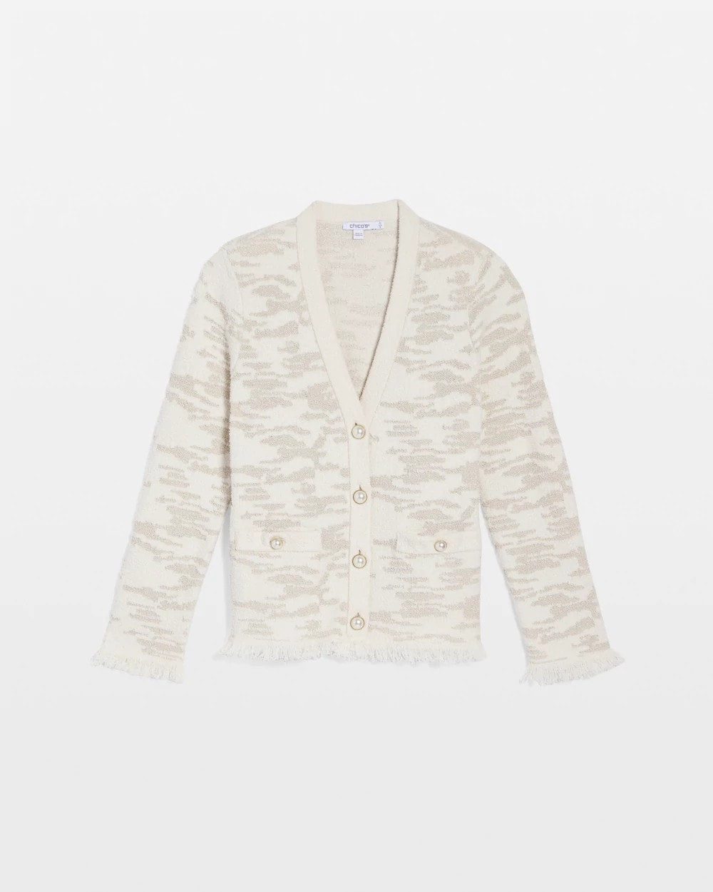 Chico's For Sale English Cream Fringe Textured V-Neck Cardigan