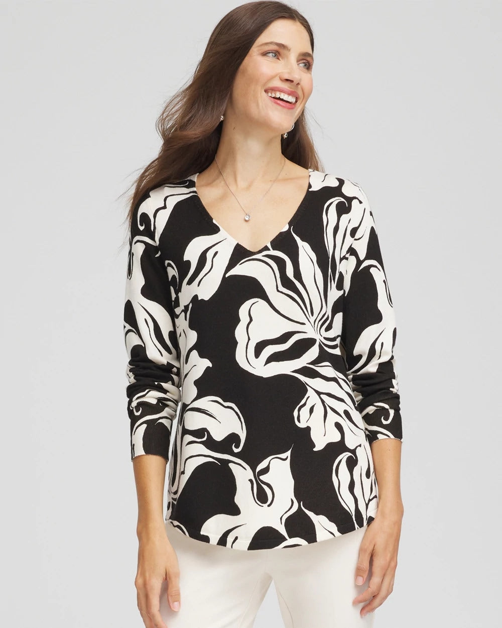 Chico's Sale Black Ella Printed V-Neck Sweater