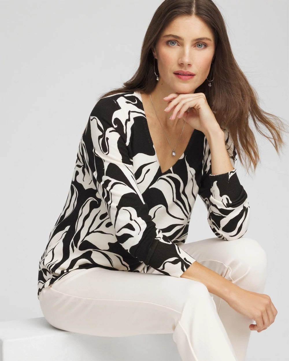 Chico's Sale Black Ella Printed V-Neck Sweater