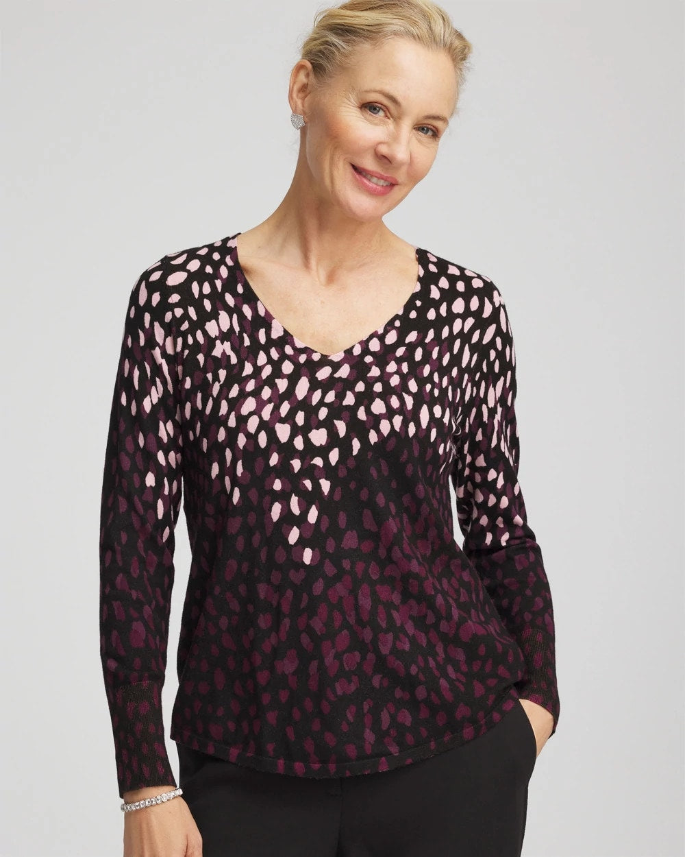 Chico's Outlet Black Ella Printed V-Neck Sweater
