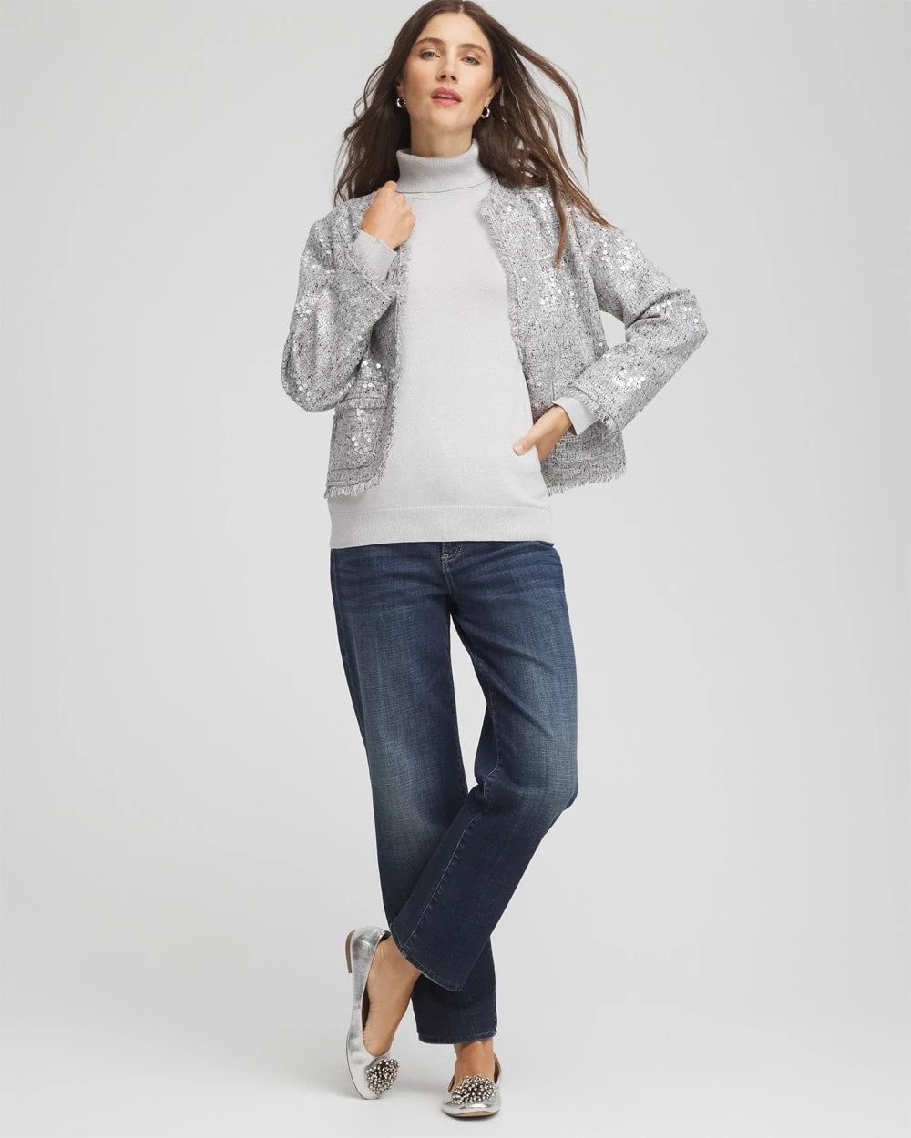 Chico's On Sale Silver Glitter Metallic Turtleneck Pullover Sweaters